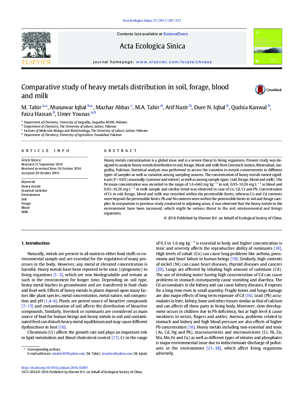 Comparative study of heavy metals distribution in soil, forage, blood and milk