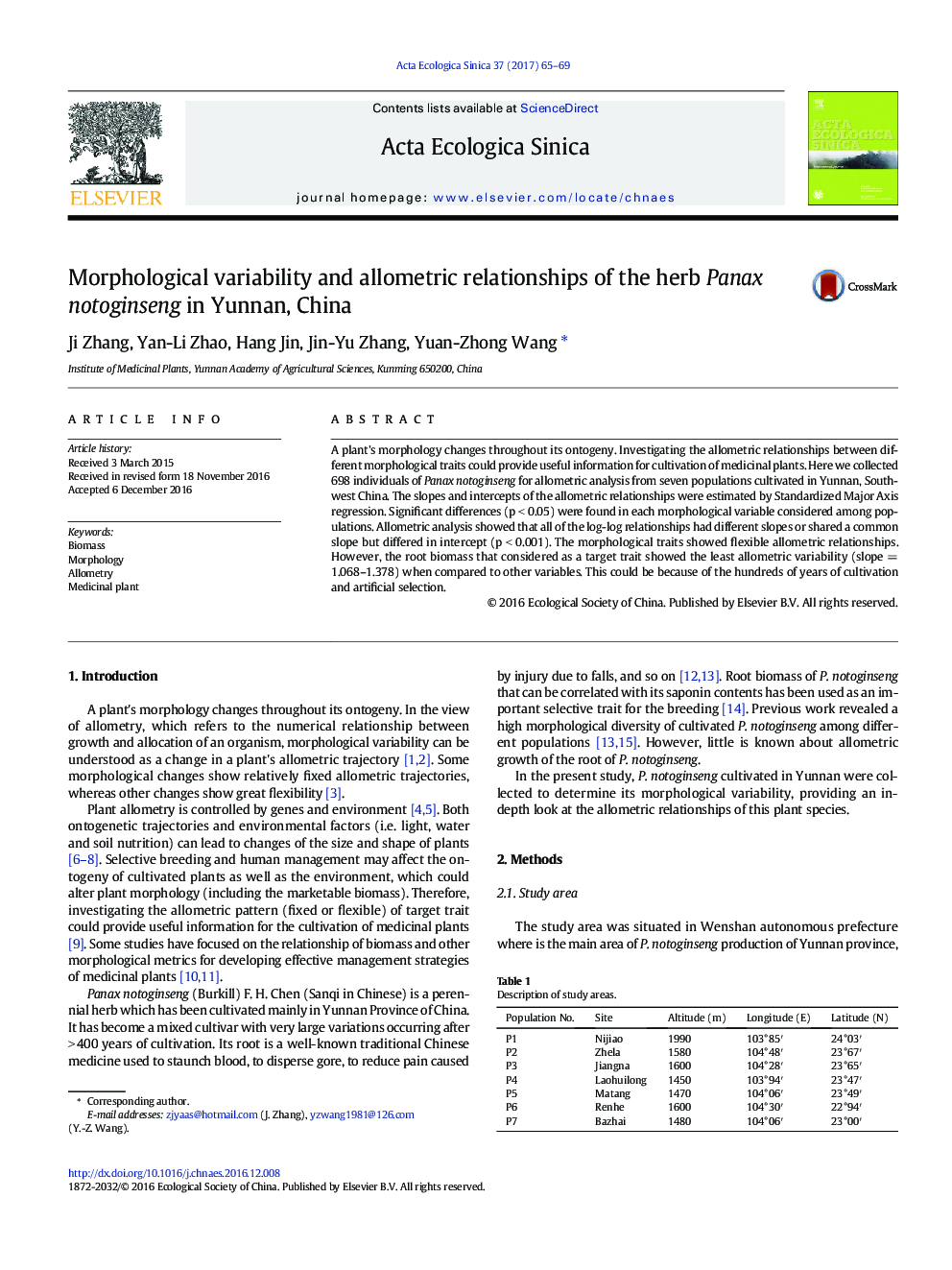 Morphological variability and allometric relationships of the herb Panax notoginseng in Yunnan, China