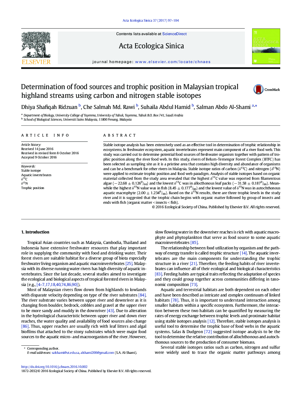 Determination of food sources and trophic position in Malaysian tropical highland streams using carbon and nitrogen stable isotopes