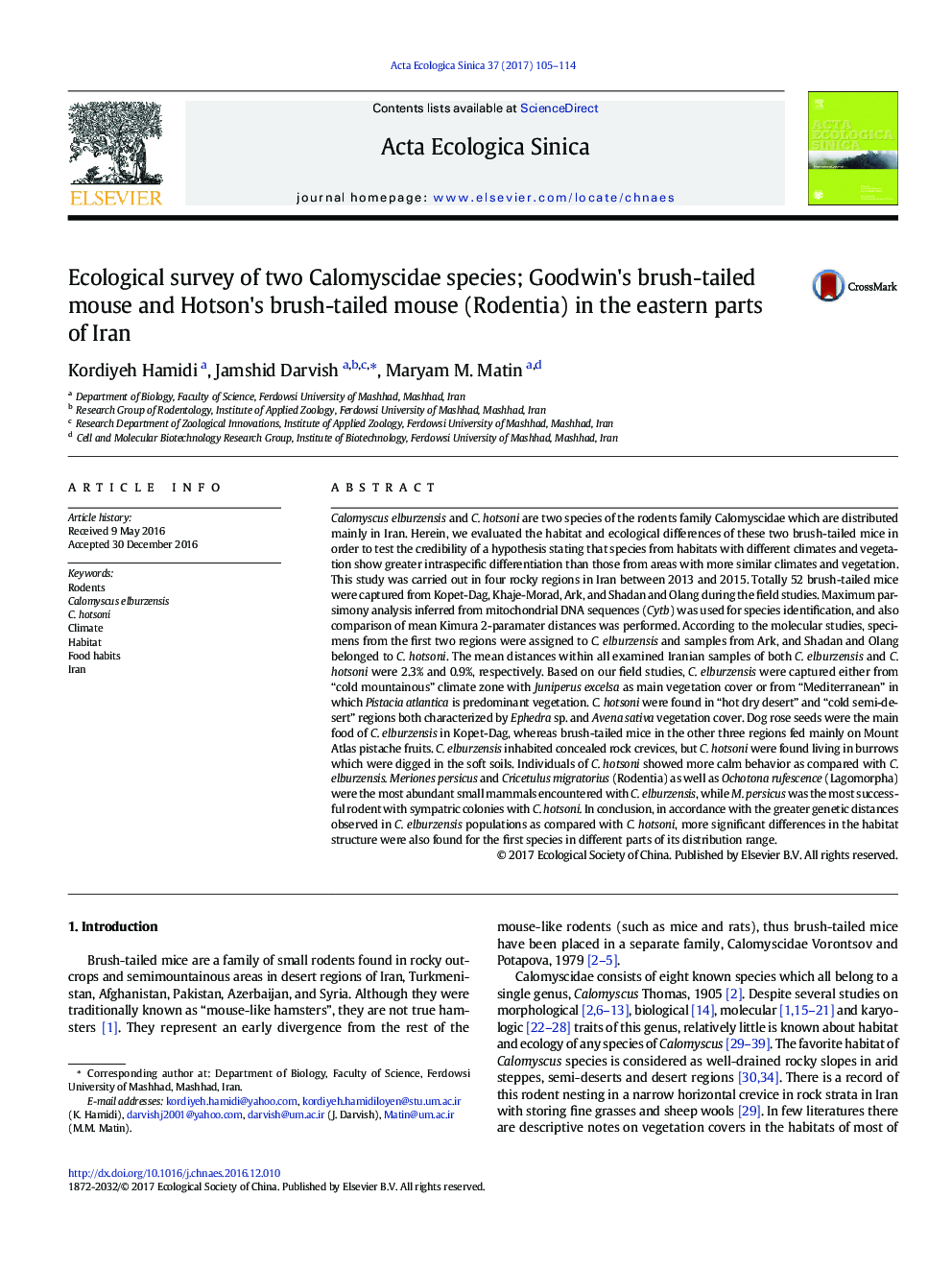 Ecological survey of two Calomyscidae species; Goodwin's brush-tailed mouse and Hotson's brush-tailed mouse (Rodentia) in the eastern parts of Iran