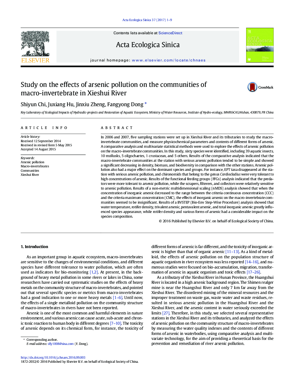 Study on the effects of arsenic pollution on the communities of macro-invertebrate in Xieshui River