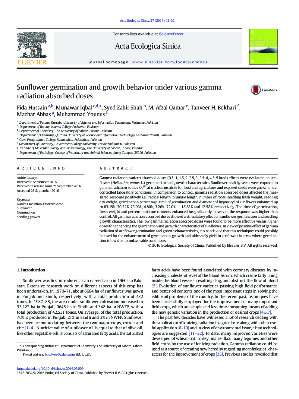 Sunflower germination and growth behavior under various gamma radiation absorbed doses