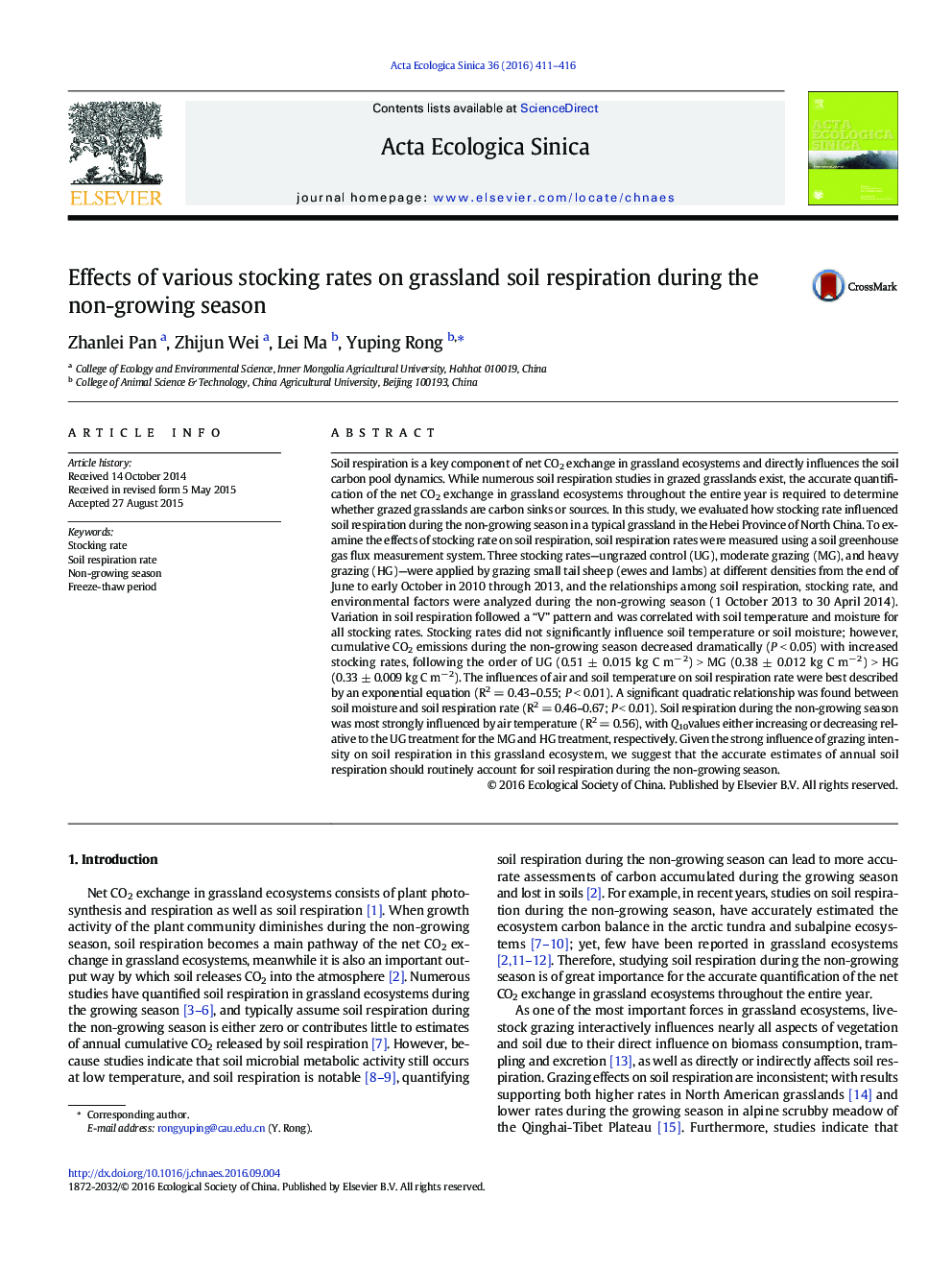 Effects of various stocking rates on grassland soil respiration during the non-growing season