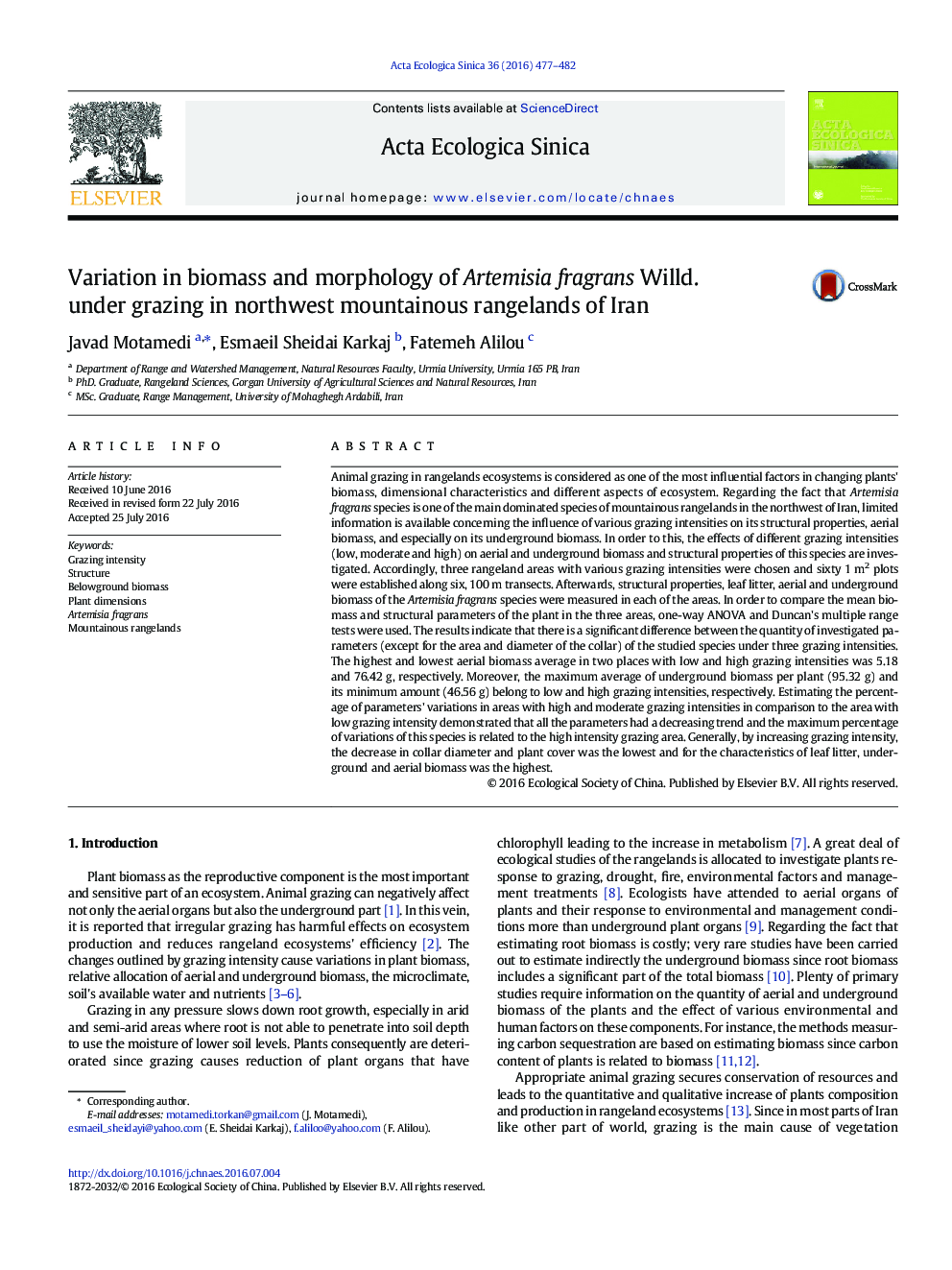 Variation in biomass and morphology of Artemisia fragrans Willd. under grazing in northwest mountainous rangelands of Iran