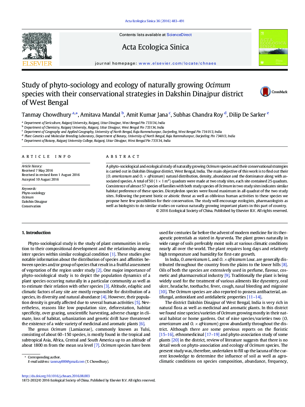 Study of phyto-sociology and ecology of naturally growing Ocimum species with their conservational strategies in Dakshin Dinajpur district of West Bengal