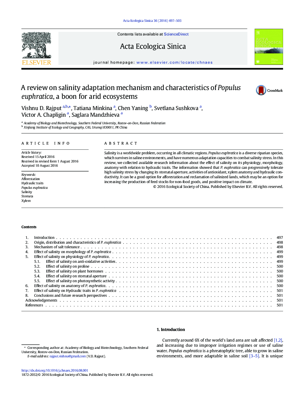 A review on salinity adaptation mechanism and characteristics of Populus euphratica, a boon for arid ecosystems