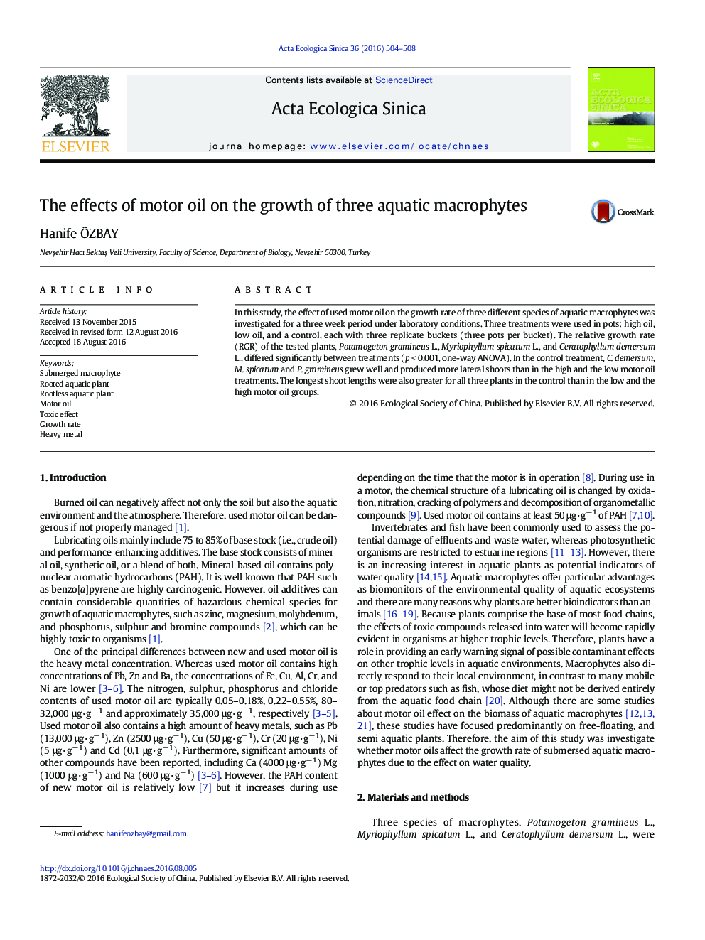 The effects of motor oil on the growth of three aquatic macrophytes