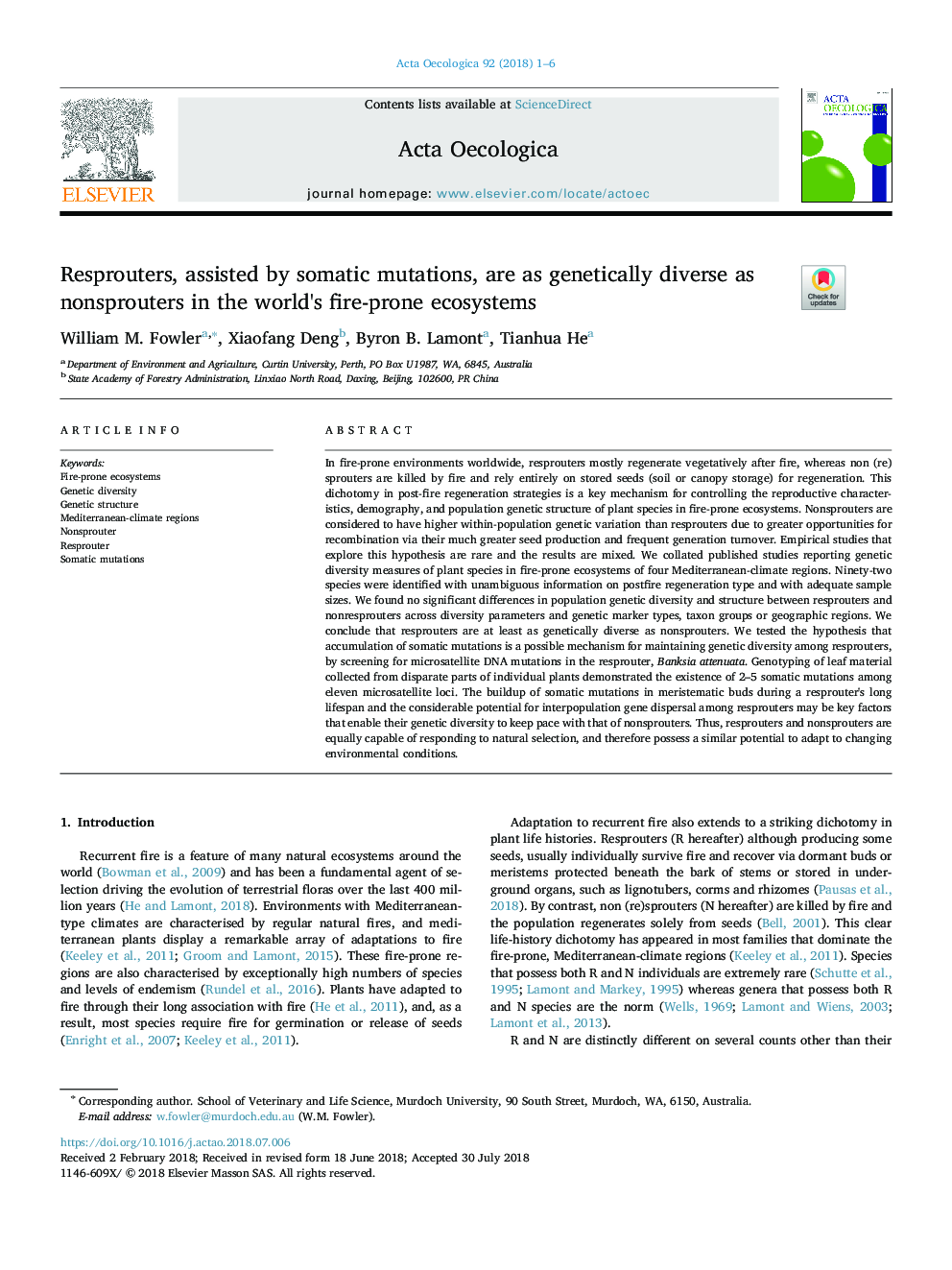 Resprouters, assisted by somatic mutations, are as genetically diverse as nonsprouters in the world's fire-prone ecosystems