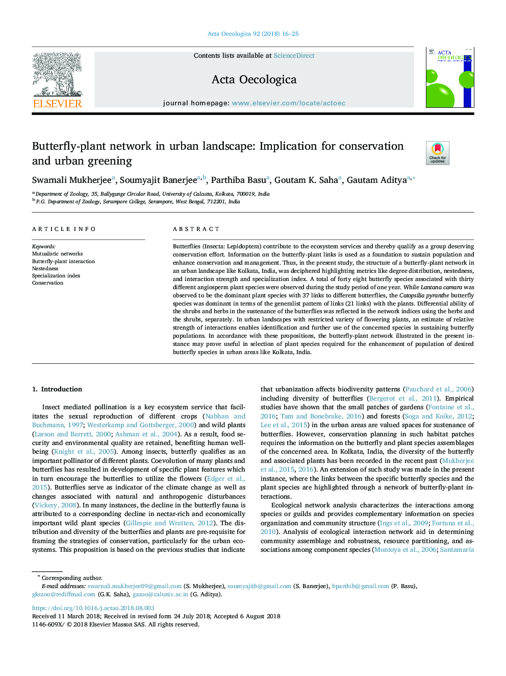 Butterfly-plant network in urban landscape: Implication for conservation and urban greening