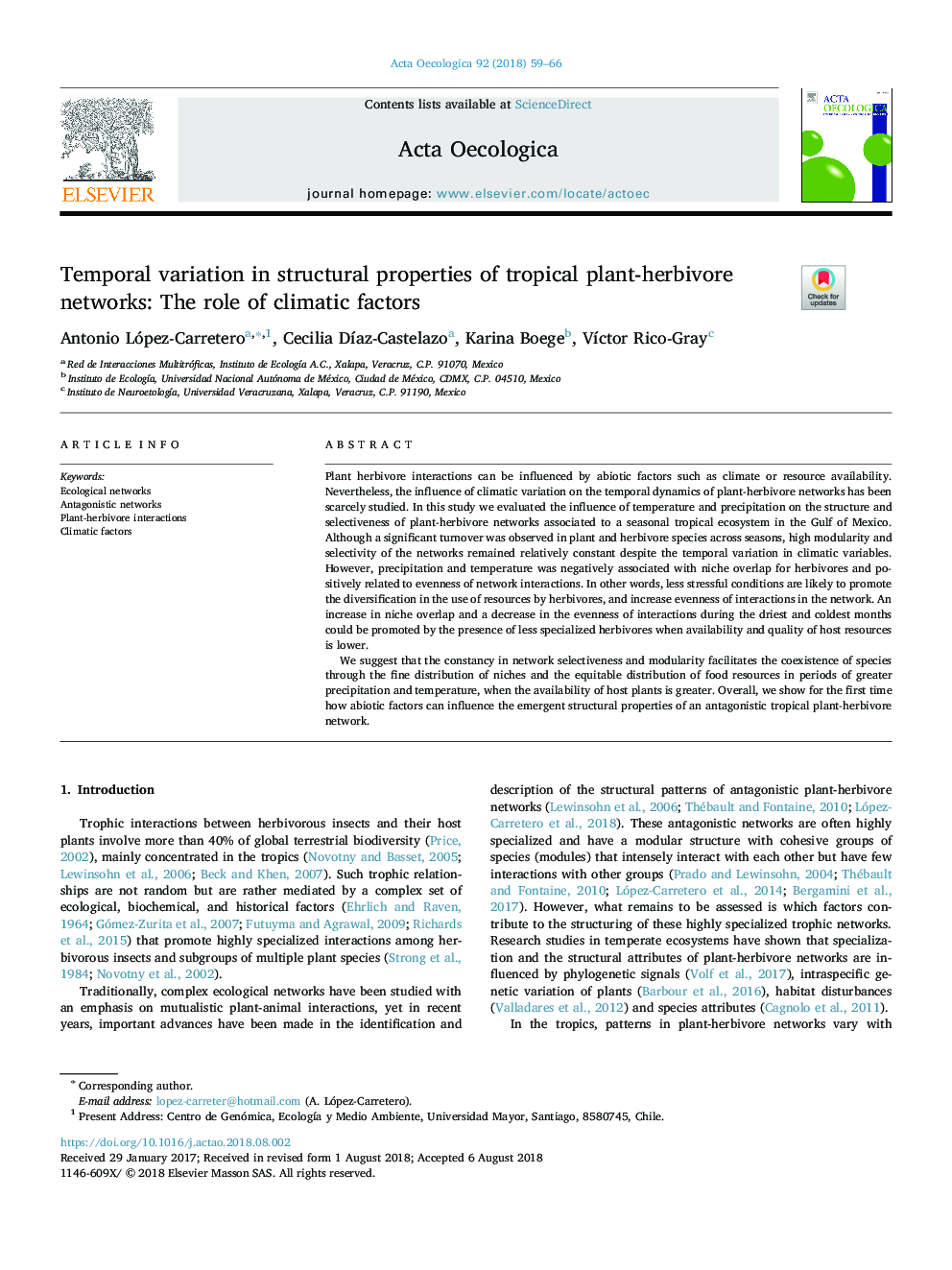 Temporal variation in structural properties of tropical plant-herbivore networks: The role of climatic factors