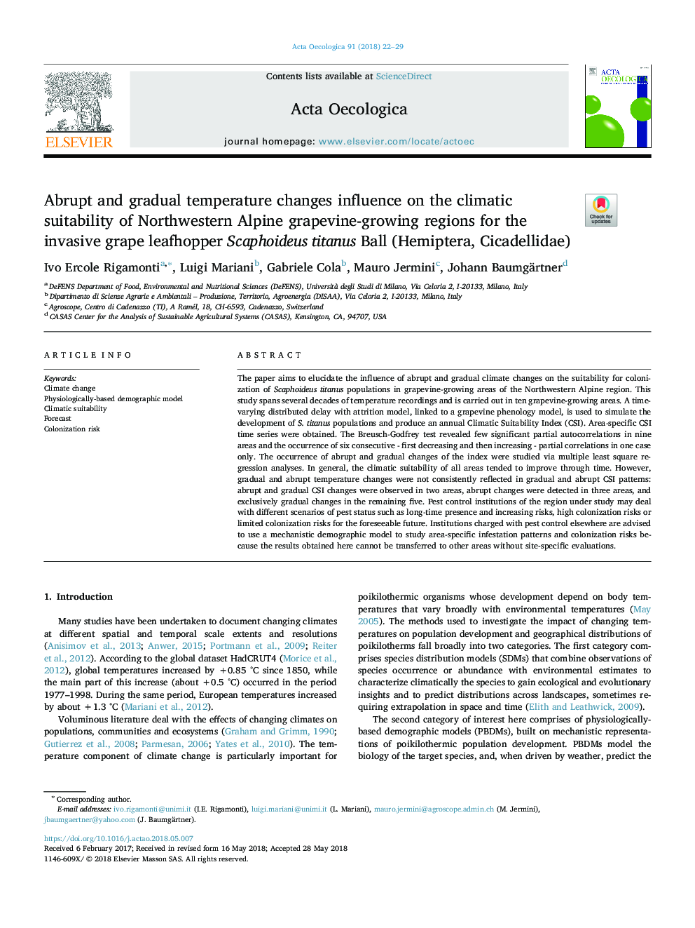 Abrupt and gradual temperature changes influence on the climatic suitability of Northwestern Alpine grapevine-growing regions for the invasive grape leafhopper Scaphoideus titanus Ball (Hemiptera, Cicadellidae)