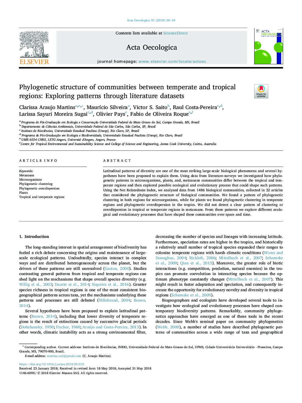 Phylogenetic structure of communities between temperate and tropical regions: Exploring patterns through literature datasets