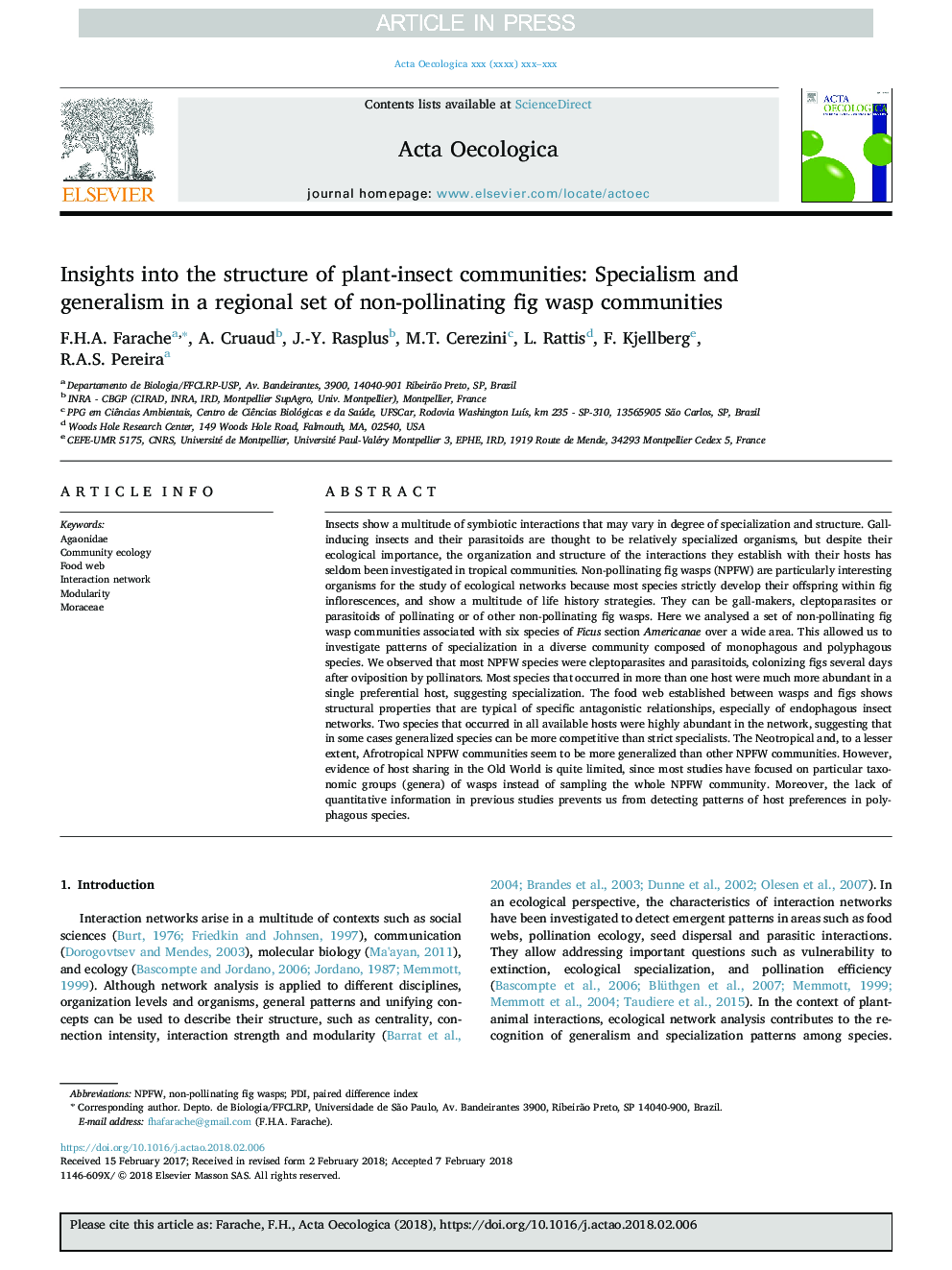 Insights into the structure of plant-insect communities: Specialism and generalism in a regional set of non-pollinating fig wasp communities