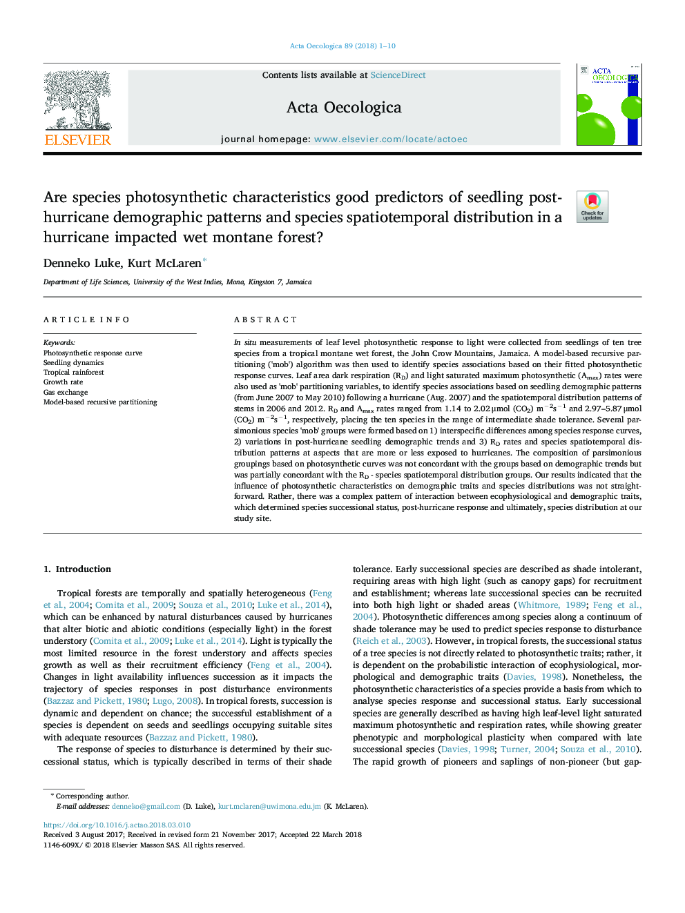 Are species photosynthetic characteristics good predictors of seedling post-hurricane demographic patterns and species spatiotemporal distribution in a hurricane impacted wet montane forest?