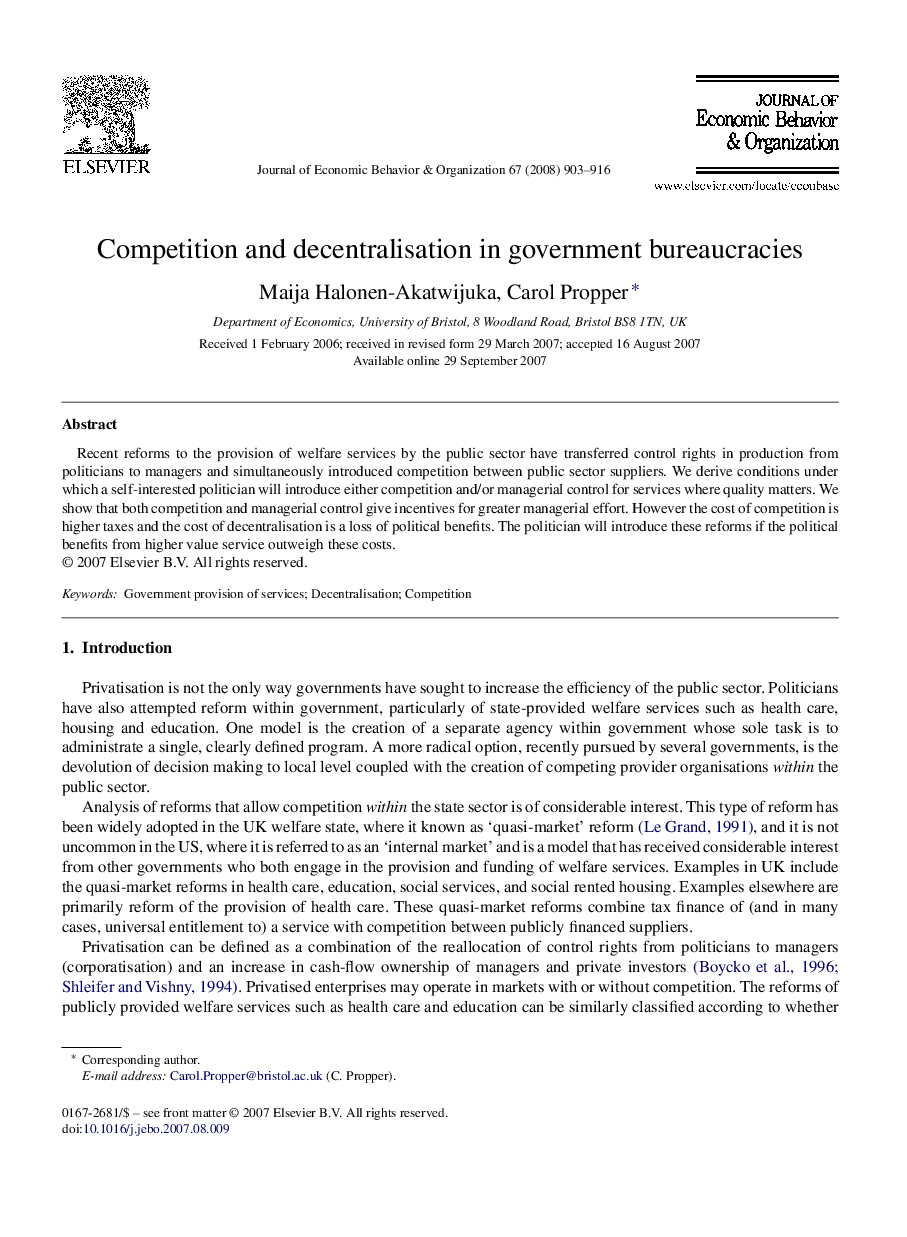 عکس صفحه اول مقاله: Competition and decentralisation in government bureaucracies Competition and decentralisation in government bureaucracies