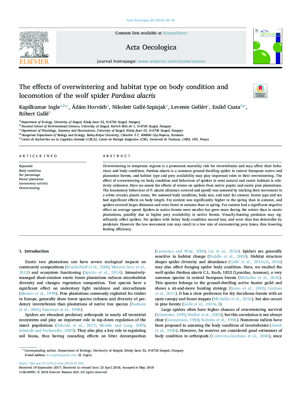 The effects of overwintering and habitat type on body condition and locomotion of the wolf spider Pardosa alacris