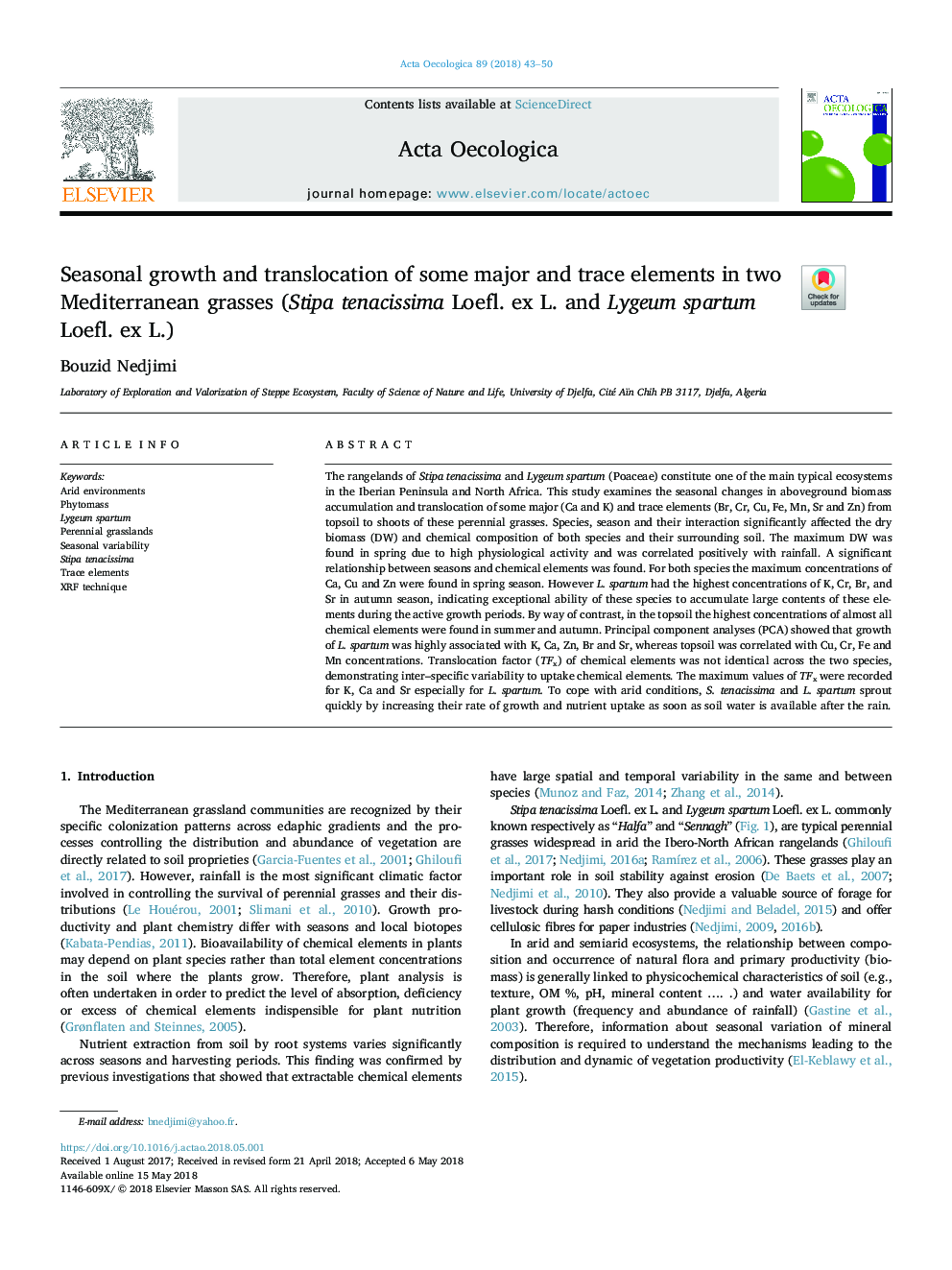 Seasonal growth and translocation of some major and trace elements in two Mediterranean grasses (Stipa tenacissima Loefl. ex L. and Lygeum spartum Loefl. ex L.)