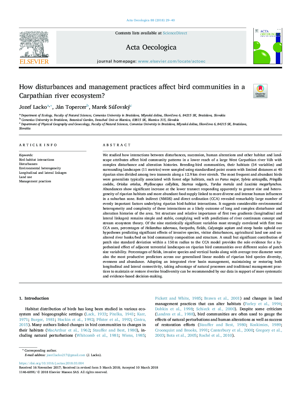 How disturbances and management practices affect bird communities in a Carpathian river ecosystem?