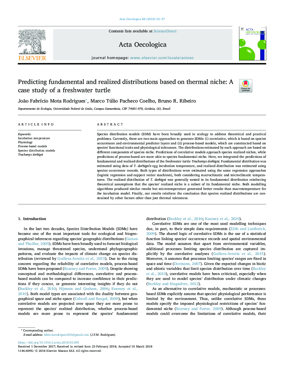 Predicting fundamental and realized distributions based on thermal niche: A case study of a freshwater turtle