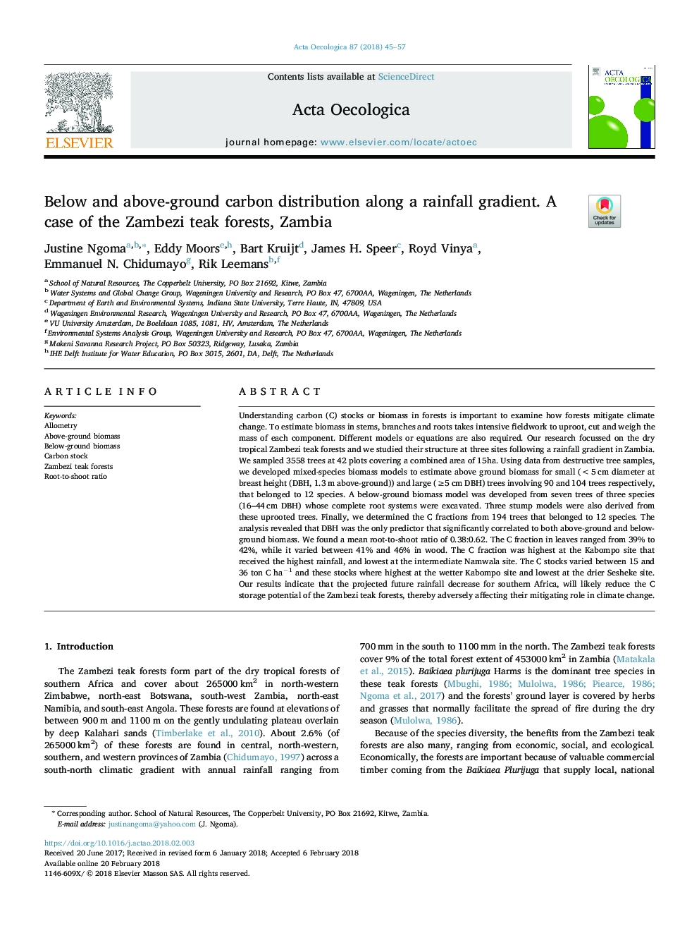 عکس صفحه اول مقاله: Below and above-ground carbon distribution along a rainfall gradient. A case of the Zambezi teak forests, Zambia Below and above-ground carbon distribution along a rainfall gradient. A case of the Zambezi teak forests, Zambia
