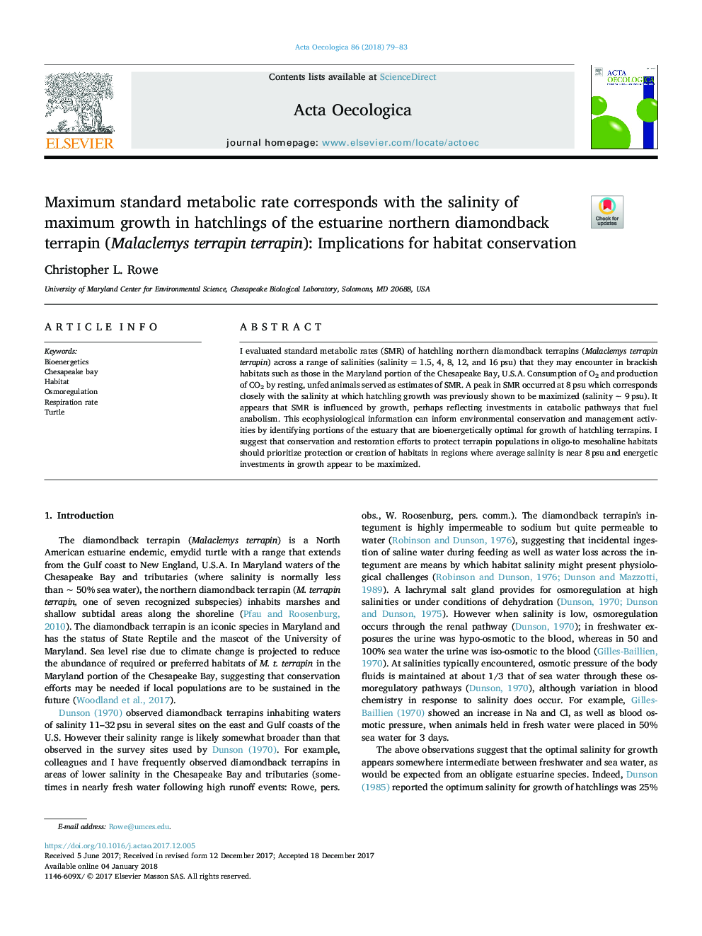 Maximum standard metabolic rate corresponds with the salinity of maximum growth in hatchlings of the estuarine northern diamondback terrapin (Malaclemys terrapin terrapin): Implications for habitat conservation