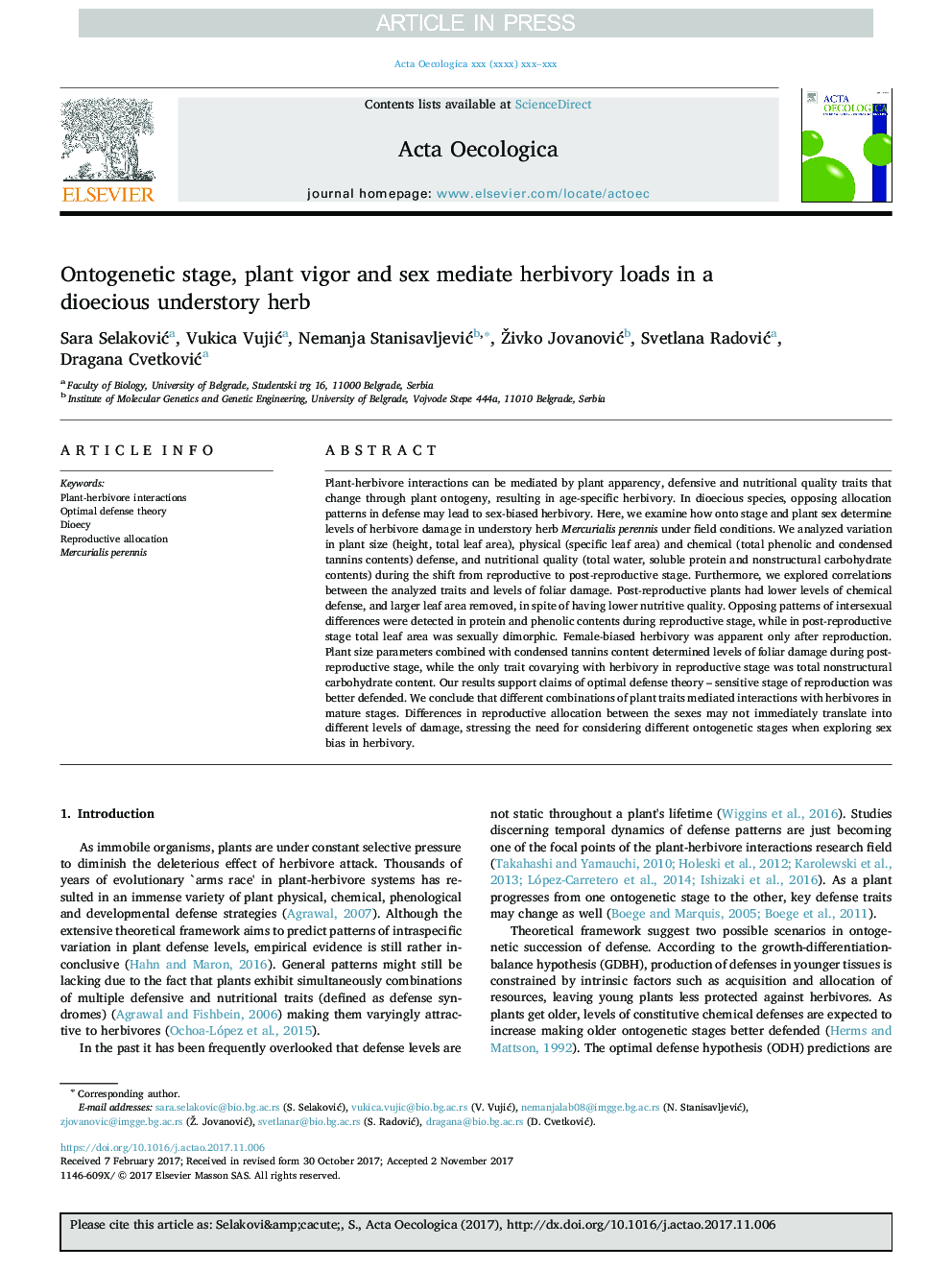 Ontogenetic stage, plant vigor and sex mediate herbivory loads in a dioecious understory herb