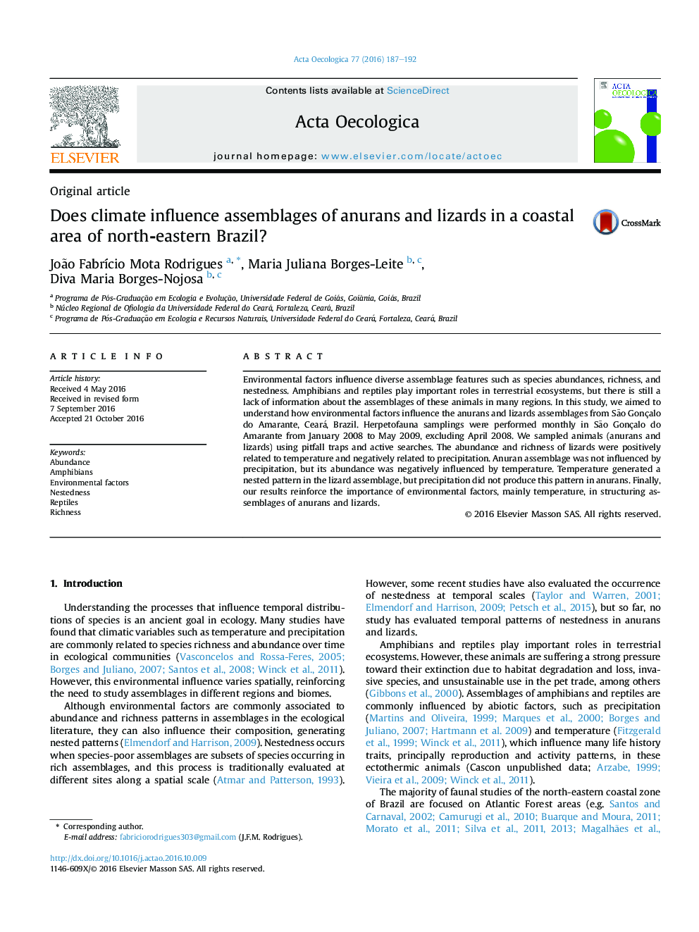 Does climate influence assemblages of anurans and lizards in a coastal area of north-eastern Brazil?