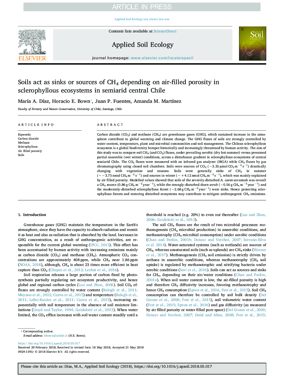 Soils act as sinks or sources of CH4 depending on air-filled porosity in sclerophyllous ecosystems in semiarid central Chile