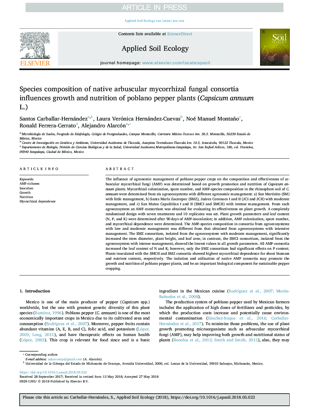 Species composition of native arbuscular mycorrhizal fungal consortia influences growth and nutrition of poblano pepper plants (Capsicum annuum L.)