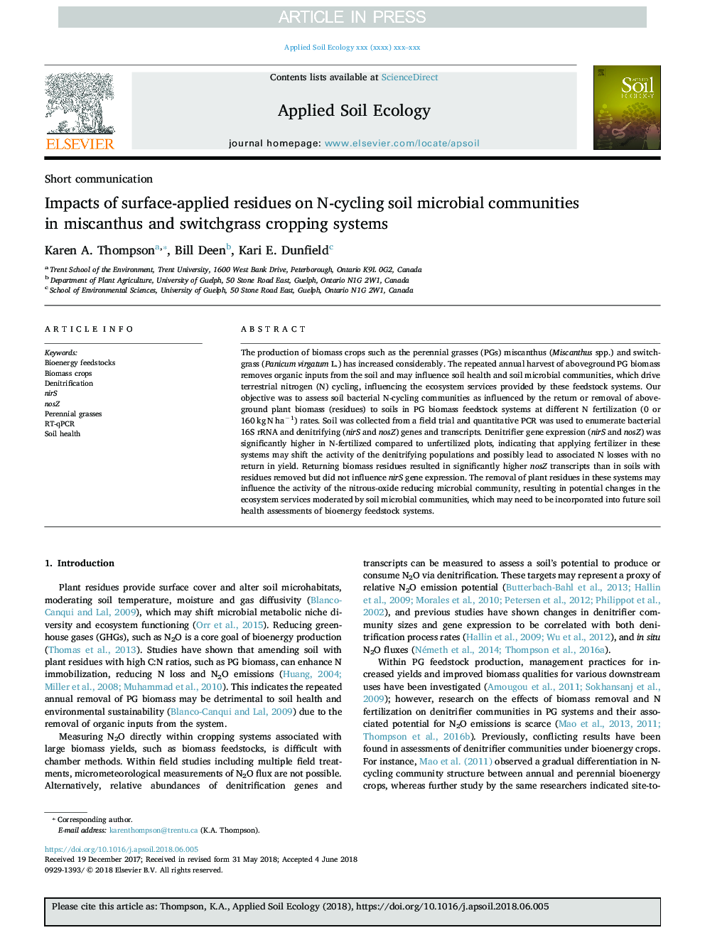 Impacts of surface-applied residues on N-cycling soil microbial communities in miscanthus and switchgrass cropping systems