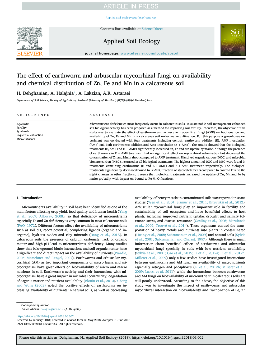 The effect of earthworm and arbuscular mycorrhizal fungi on availability and chemical distribution of Zn, Fe and Mn in a calcareous soil