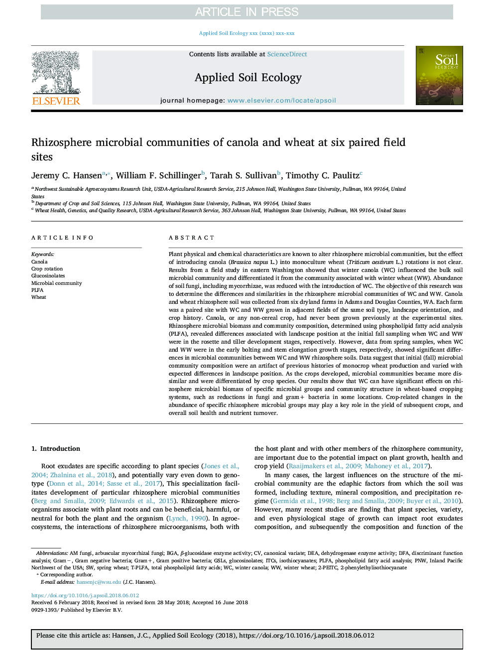 Rhizosphere microbial communities of canola and wheat at six paired field sites