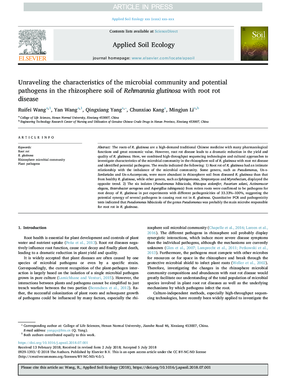 عکس صفحه اول مقاله: Unraveling the characteristics of the microbial community and potential pathogens in the rhizosphere soil of Rehmannia glutinosa with root rot disease Unraveling the characteristics of the microbial community and potential pathogens in the rhizosphere soil of Rehmannia glutinosa with root rot disease
