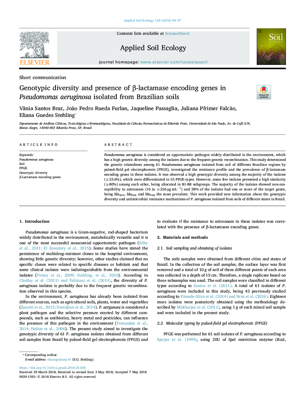 Genotypic diversity and presence of Î²-lactamase encoding genes in Pseudomonas aeruginosa isolated from Brazilian soils