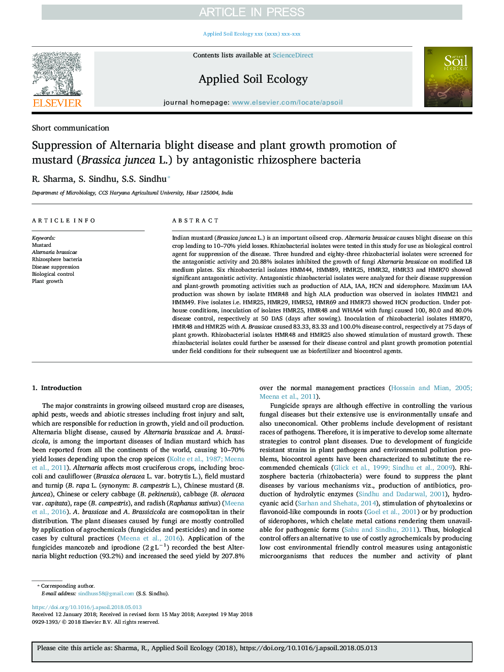 Suppression of Alternaria blight disease and plant growth promotion of mustard (Brassica juncea L.) by antagonistic rhizosphere bacteria