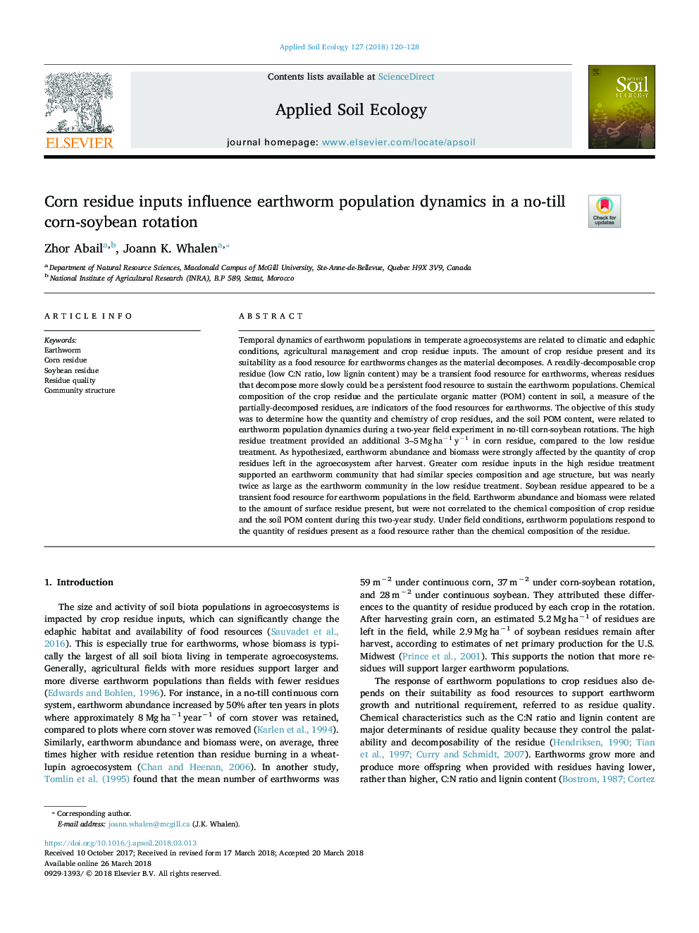 Corn residue inputs influence earthworm population dynamics in a no-till corn-soybean rotation