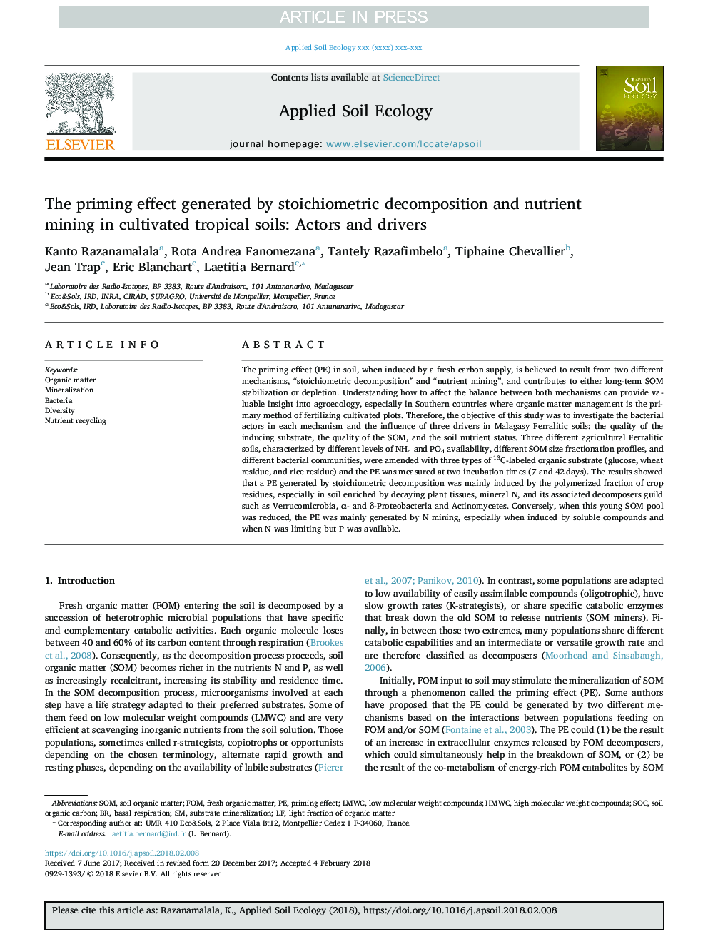 The priming effect generated by stoichiometric decomposition and nutrient mining in cultivated tropical soils: Actors and drivers