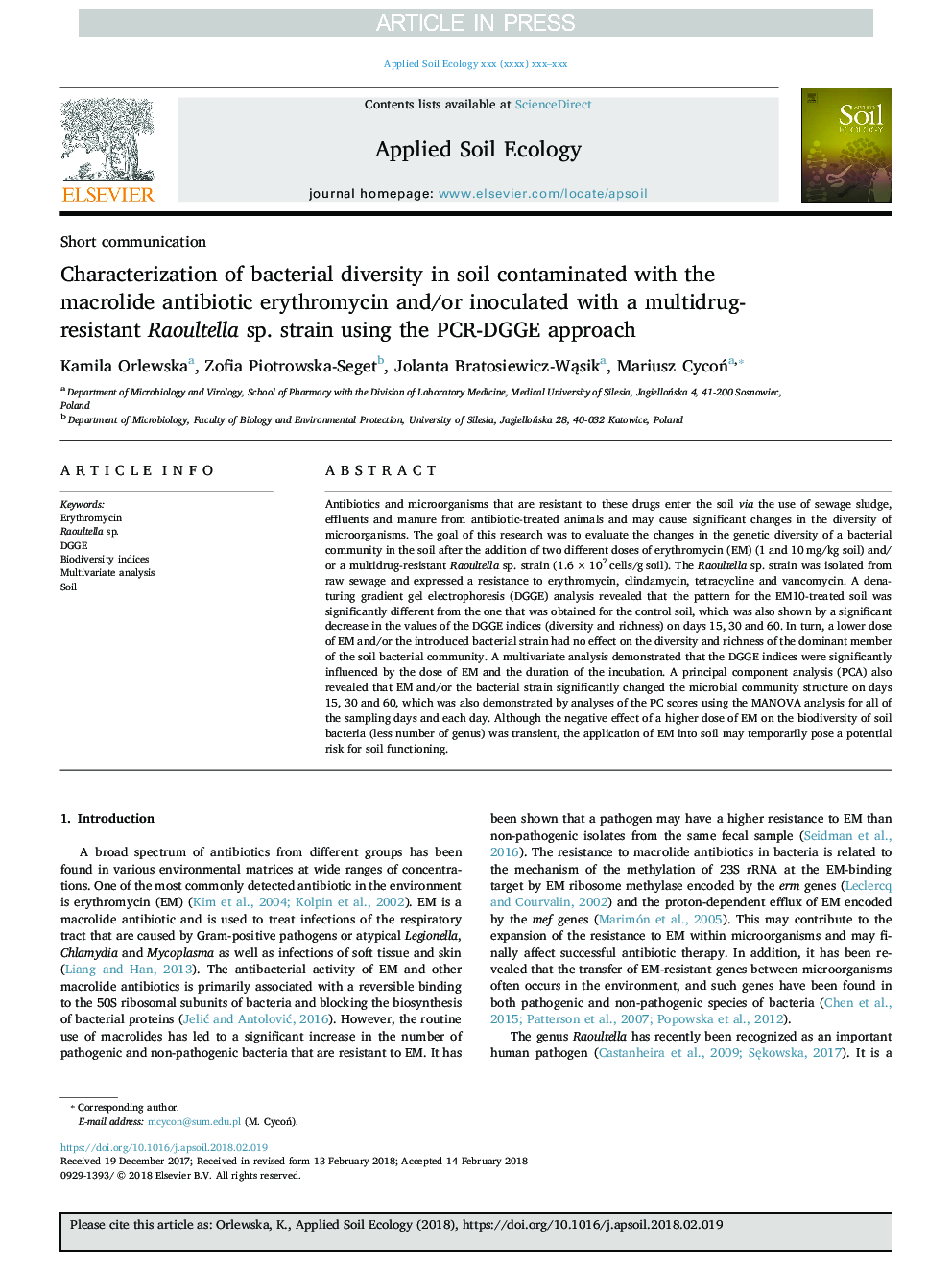 Characterization of bacterial diversity in soil contaminated with the macrolide antibiotic erythromycin and/or inoculated with a multidrug-resistant Raoultella sp. strain using the PCR-DGGE approach