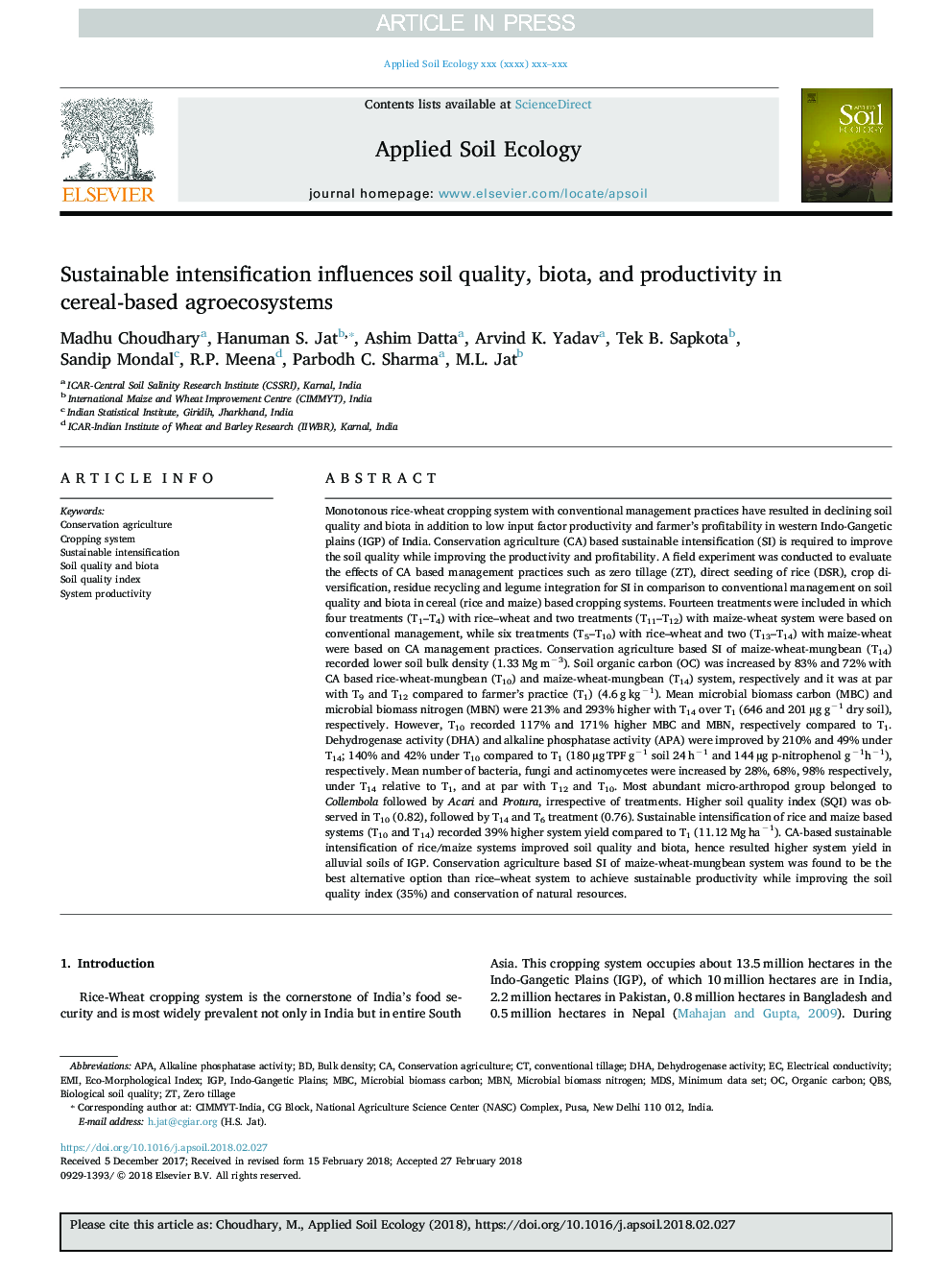 Sustainable intensification influences soil quality, biota, and productivity in cereal-based agroecosystems