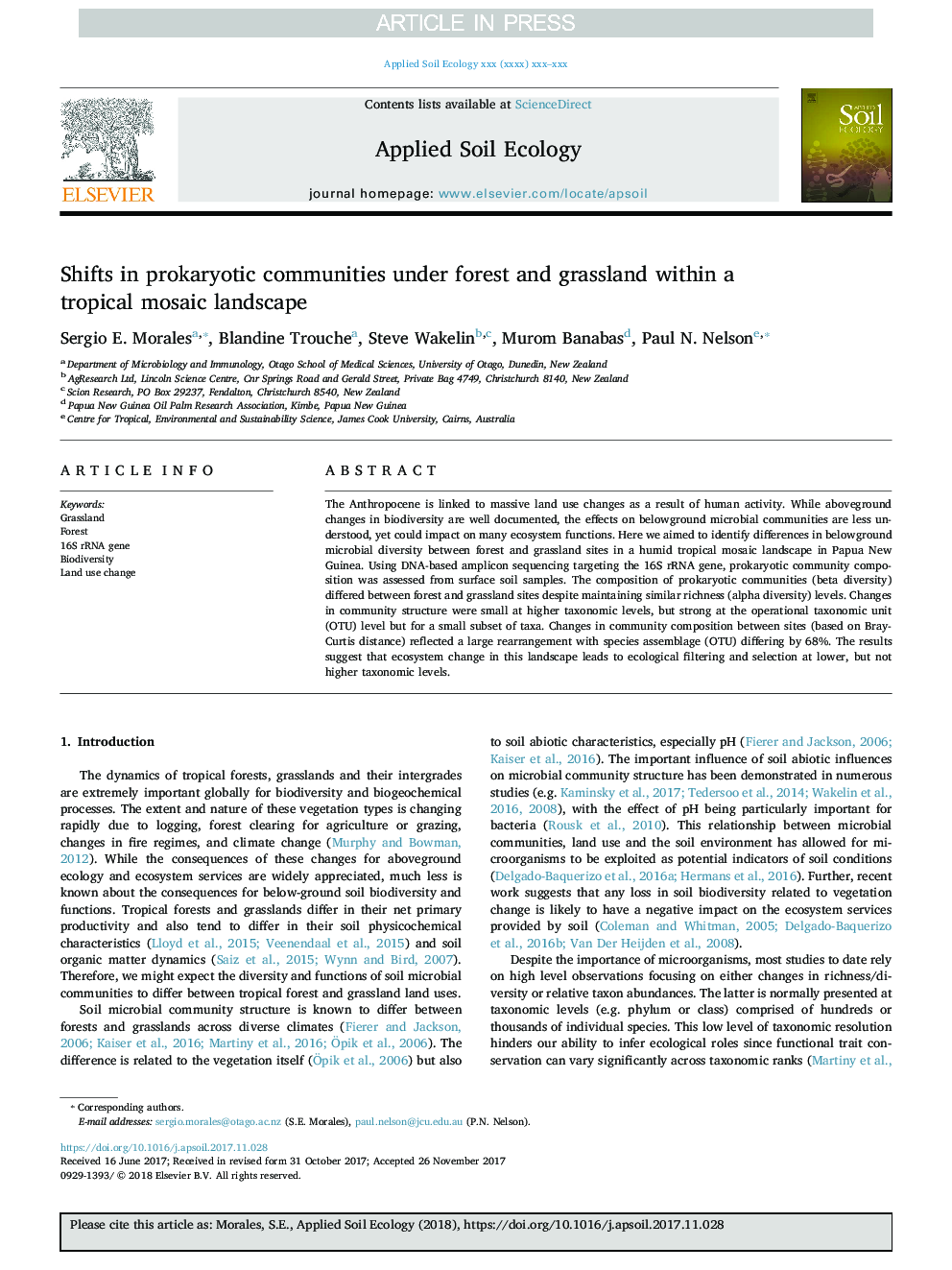 Shifts in prokaryotic communities under forest and grassland within a tropical mosaic landscape