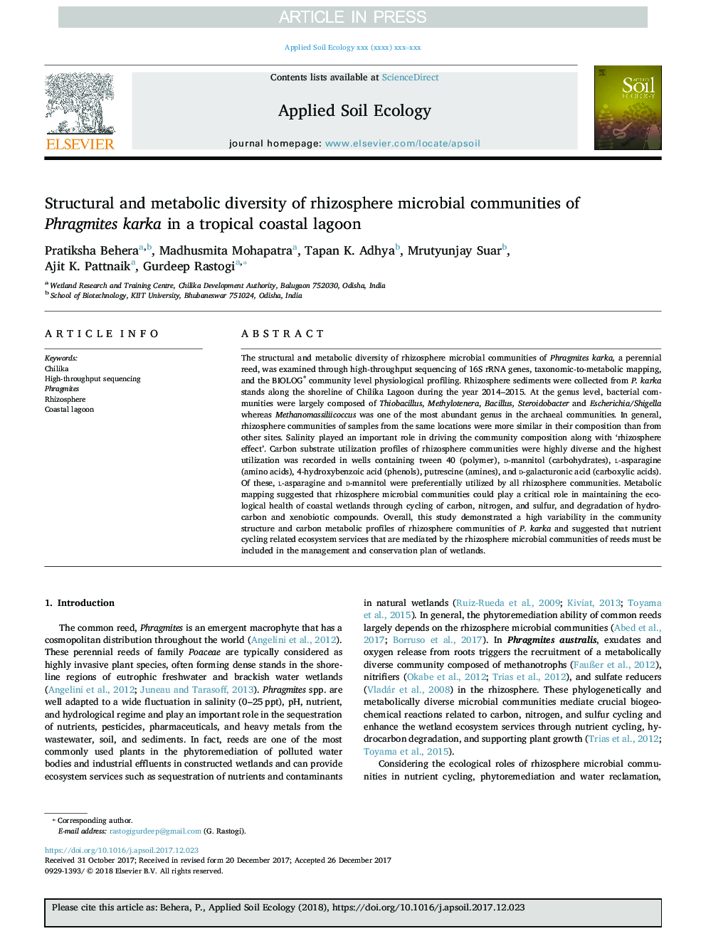 Structural and metabolic diversity of rhizosphere microbial communities of Phragmites karka in a tropical coastal lagoon