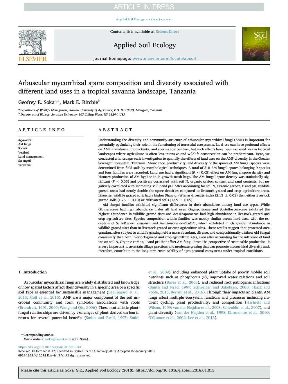 Arbuscular mycorrhizal spore composition and diversity associated with different land uses in a tropical savanna landscape, Tanzania