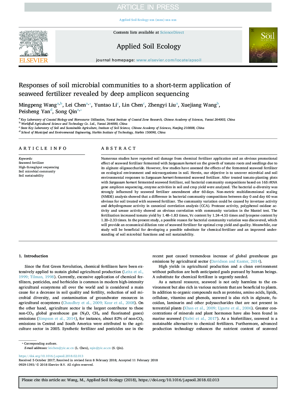 Responses of soil microbial communities to a short-term application of seaweed fertilizer revealed by deep amplicon sequencing
