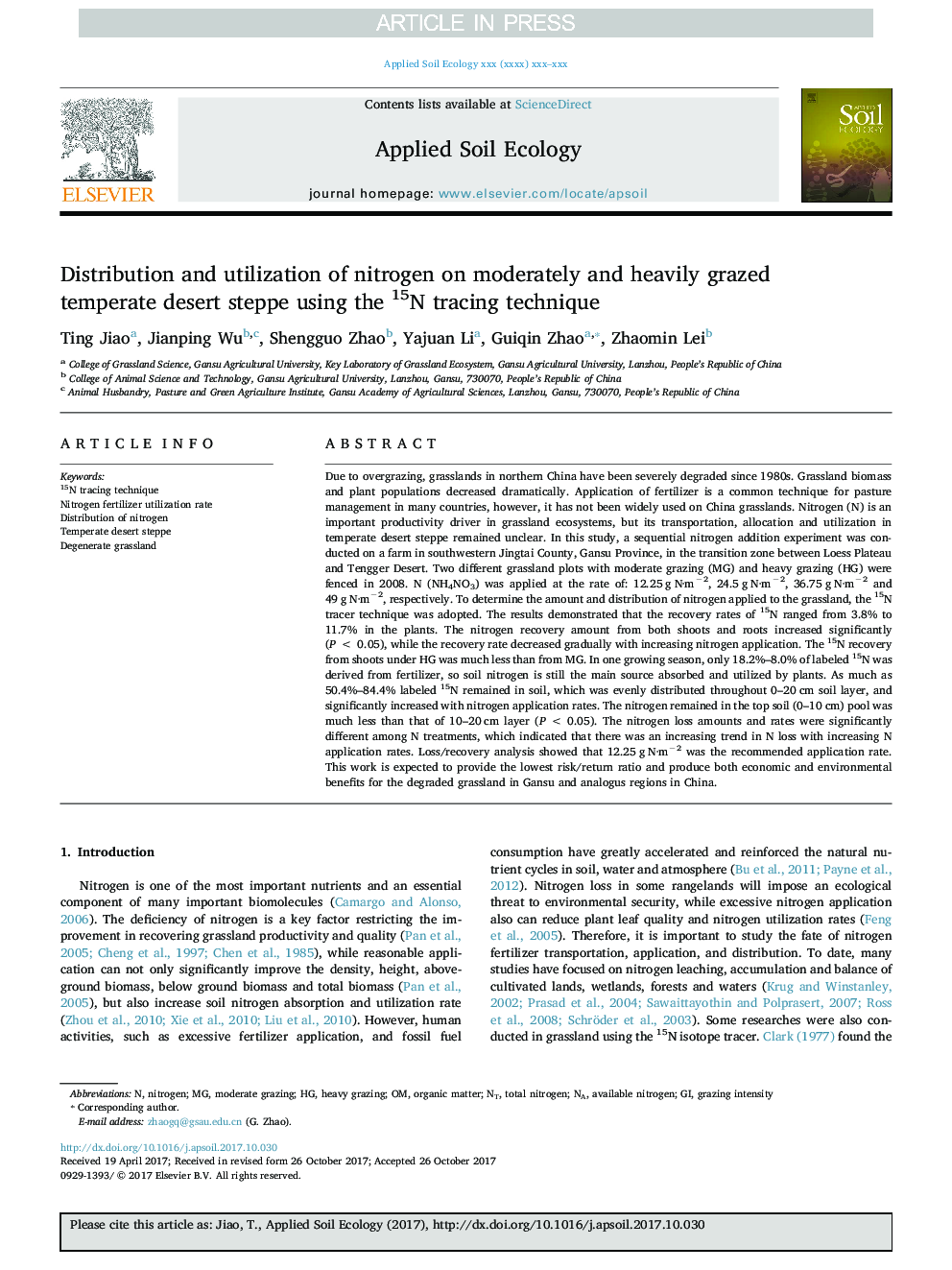 Distribution and utilization of nitrogen on moderately and heavily grazed temperate desert steppe using the 15N tracing technique