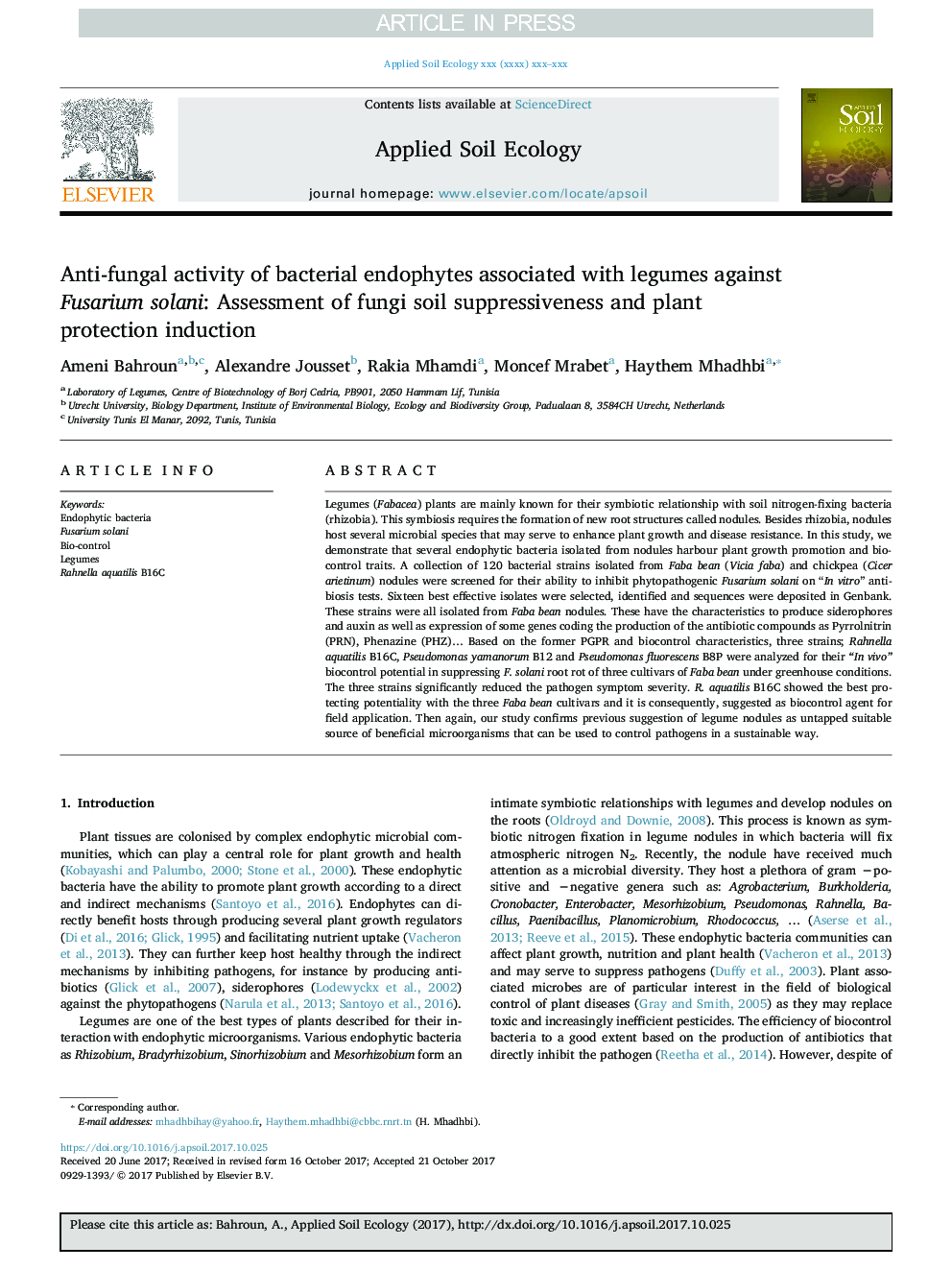 Anti-fungal activity of bacterial endophytes associated with legumes against Fusarium solani: Assessment of fungi soil suppressiveness and plant protection induction