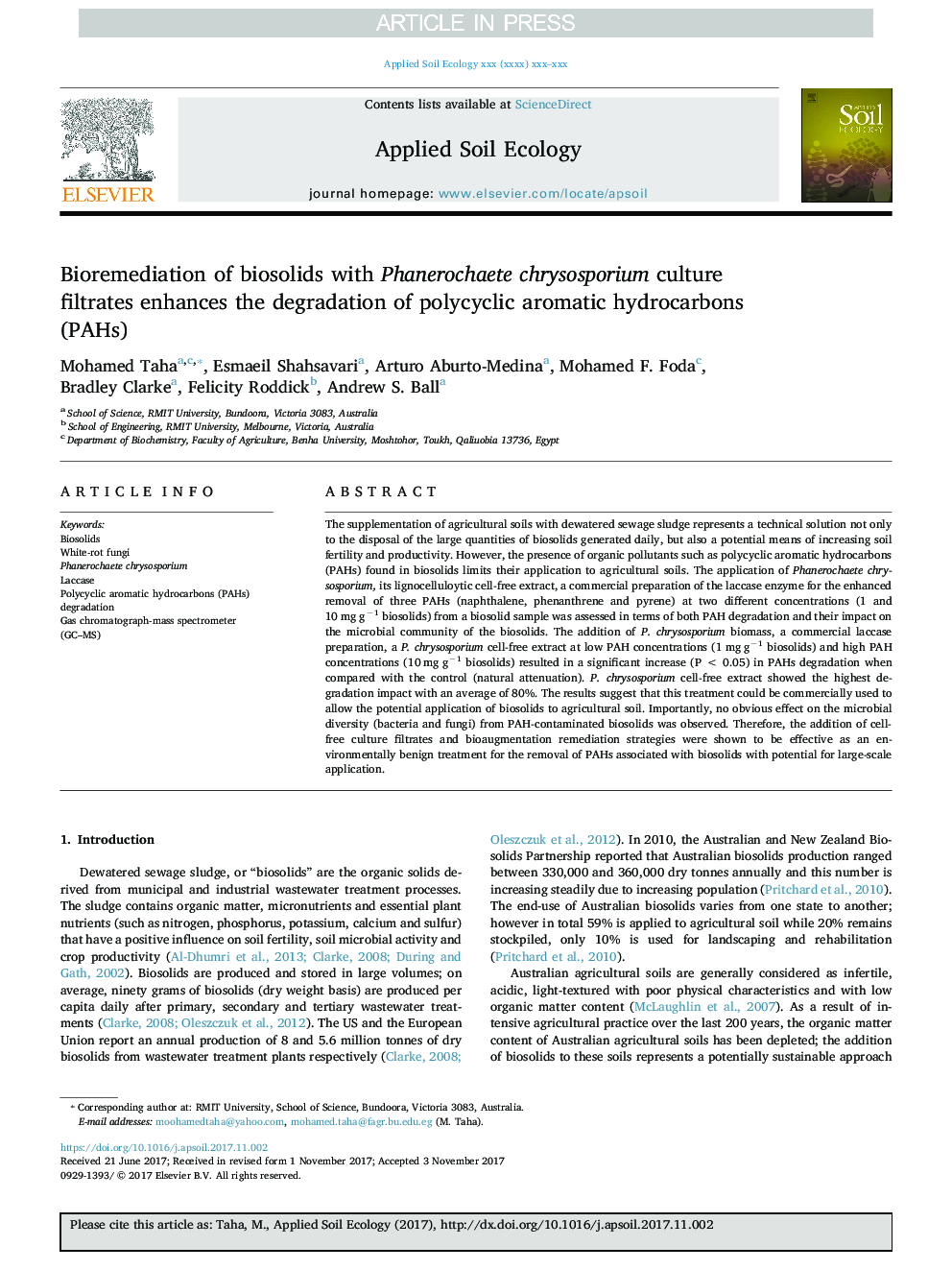 Bioremediation of biosolids with Phanerochaete chrysosporium culture filtrates enhances the degradation of polycyclic aromatic hydrocarbons (PAHs)