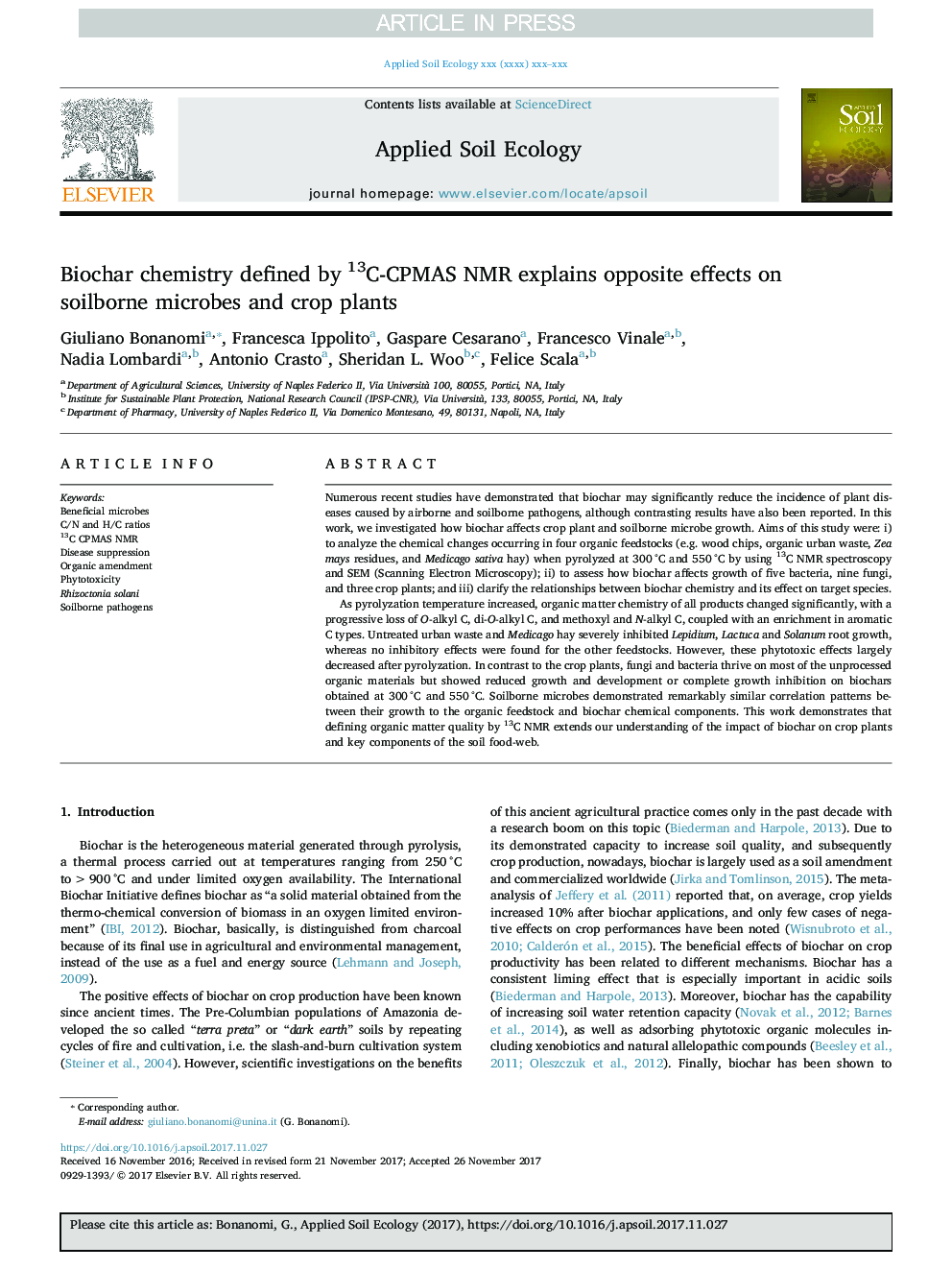 Biochar chemistry defined by 13C-CPMAS NMR explains opposite effects on soilborne microbes and crop plants