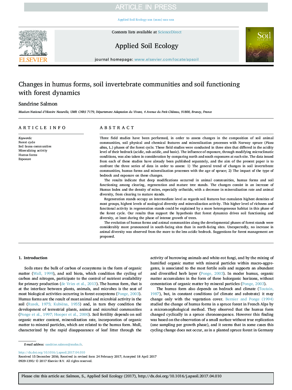 Changes in humus forms, soil invertebrate communities and soil functioning with forest dynamics