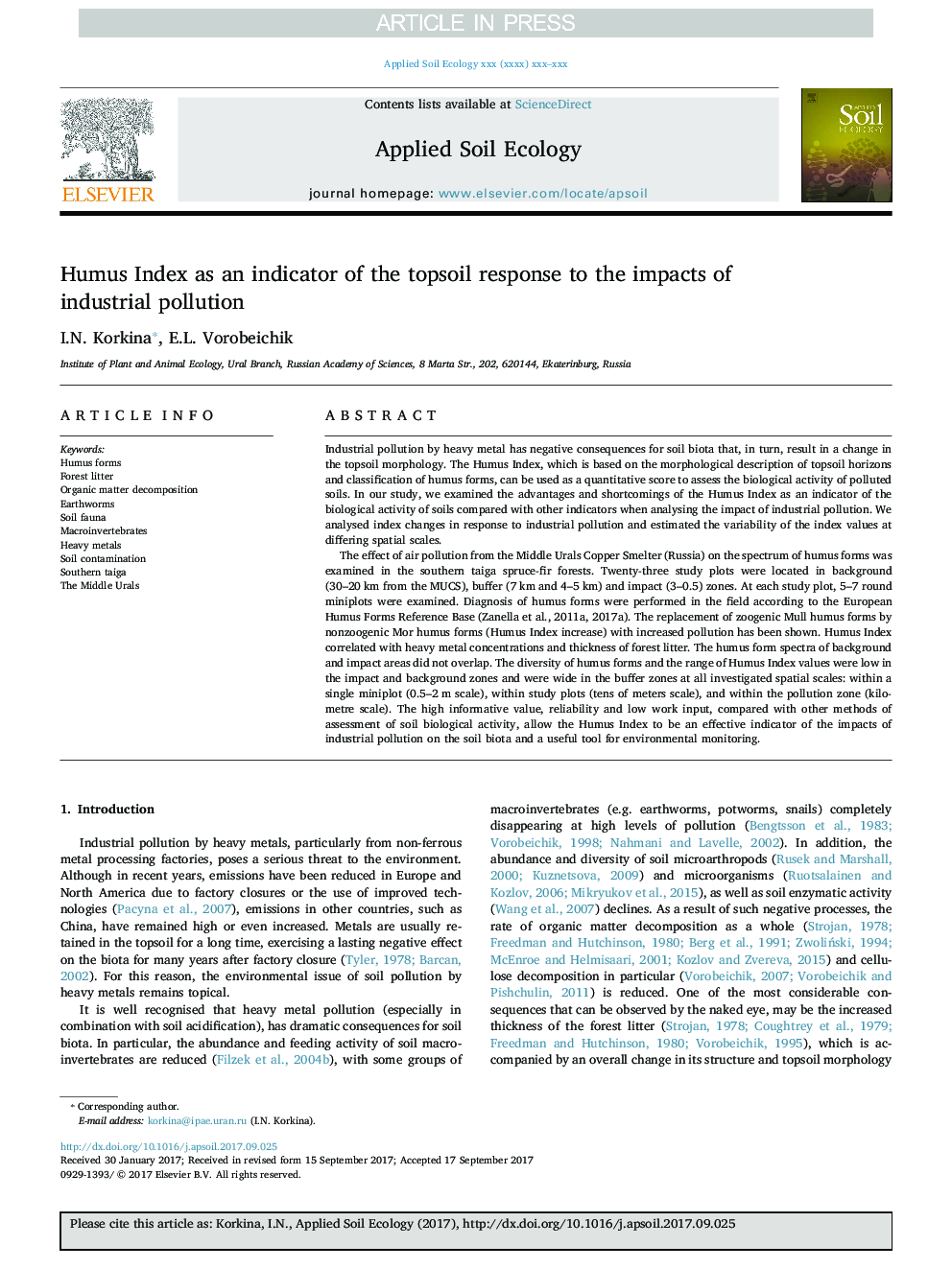 Humus Index as an indicator of the topsoil response to the impacts of industrial pollution