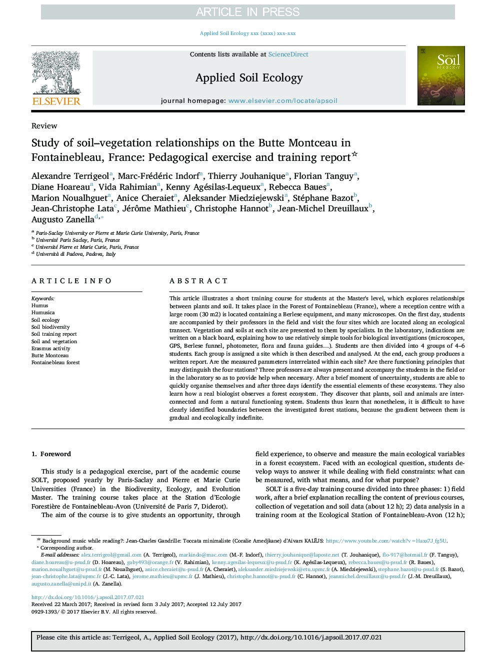 Study of soil-vegetation relationships on the Butte Montceau in Fontainebleau, France: Pedagogical exercise and training report